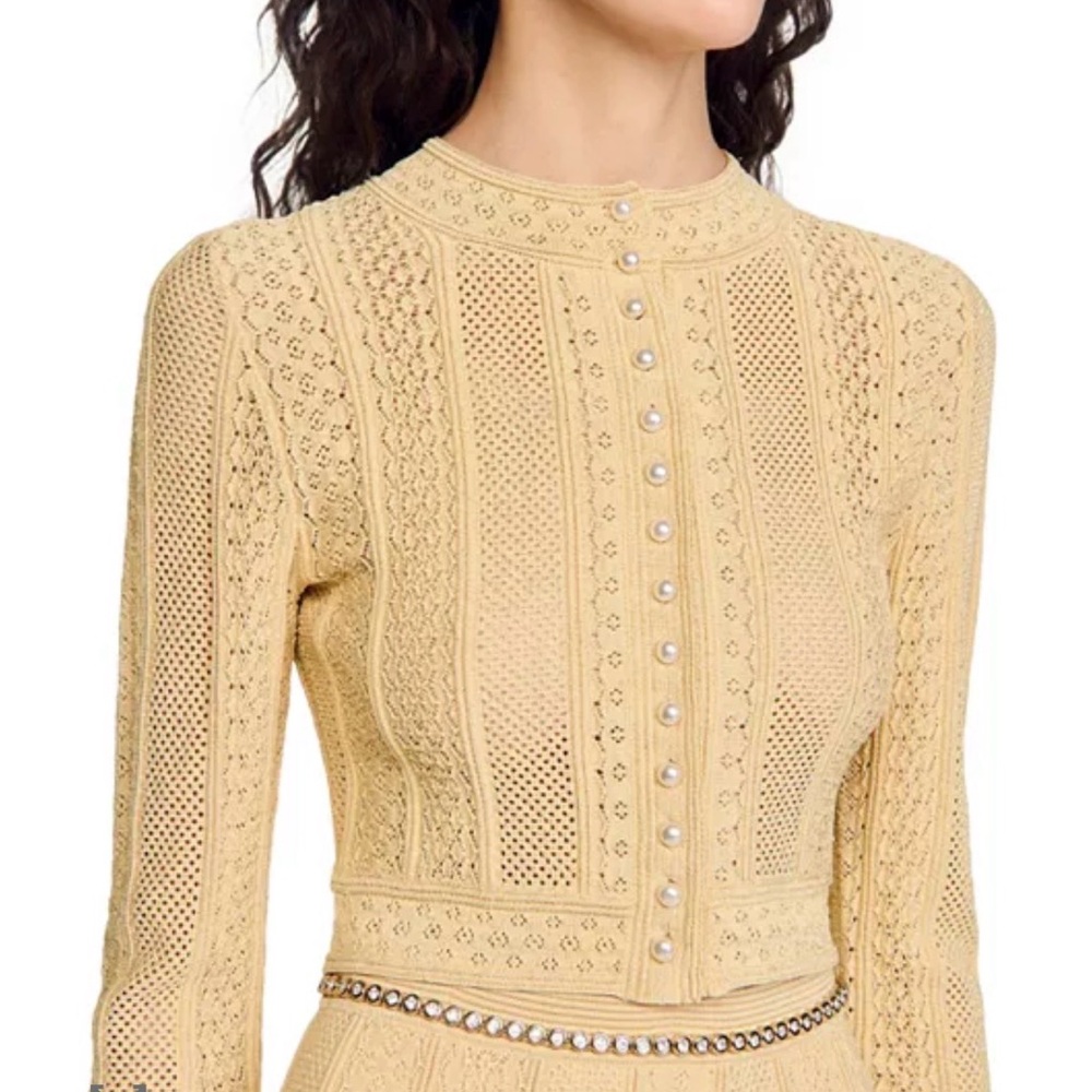 Sandro Pointelle Knit Pear Button Cardigan Size 1 - Picture 2 of 4